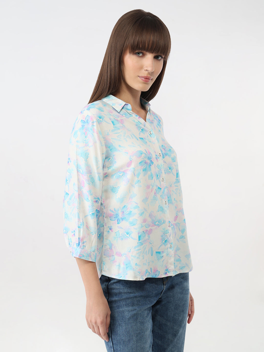 Women Blue Floral Slim Shirt