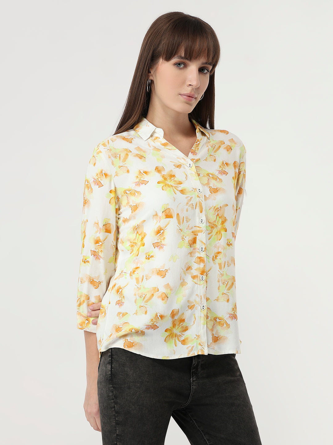 Women Lime Floral Slim Fit Shirt