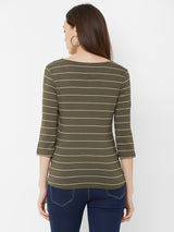 Women Olive Striped Three-Quarter Sleeves T-Shirts