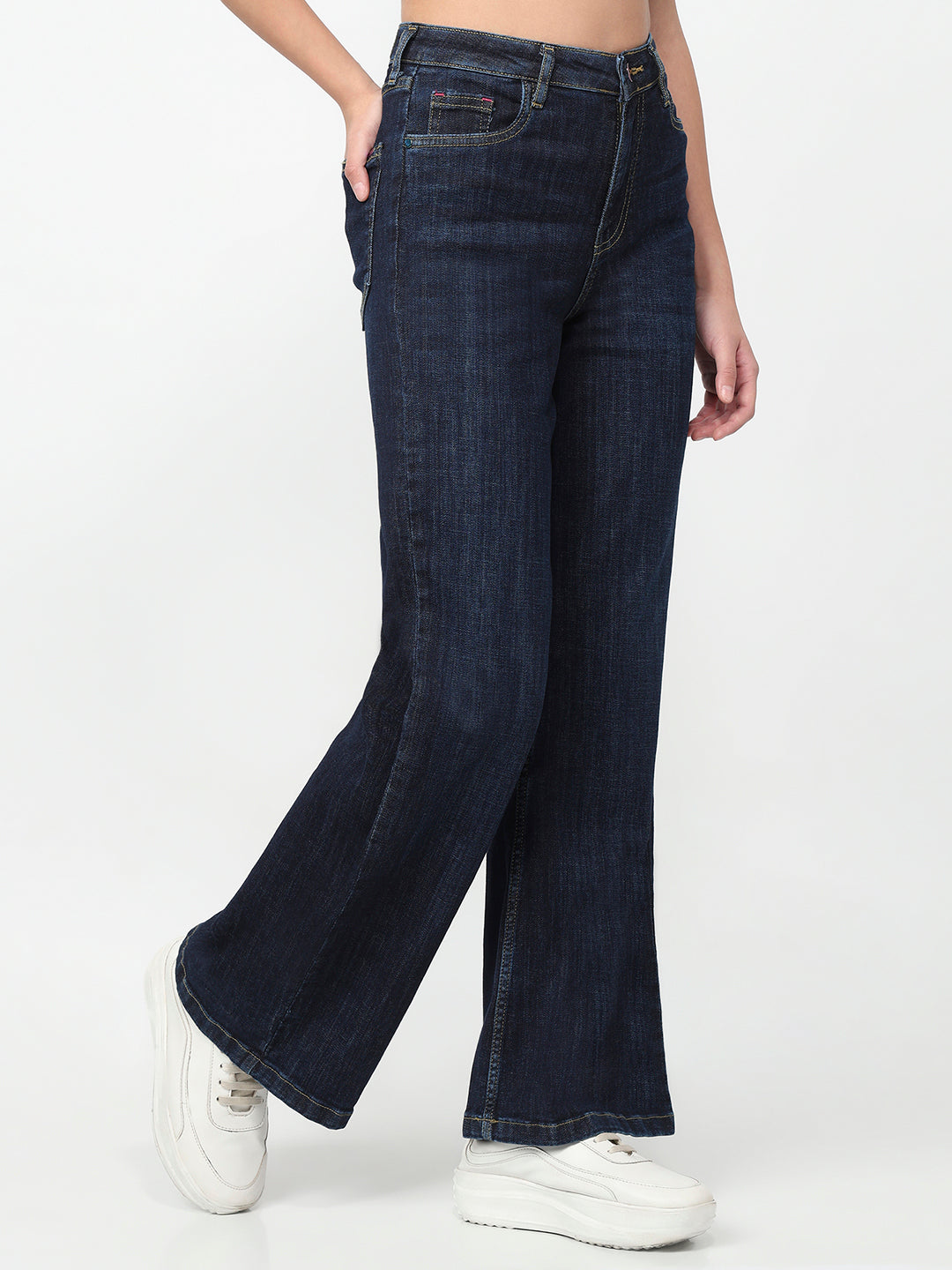 Women Dark Blue High-Rise Wide Leg Jeans