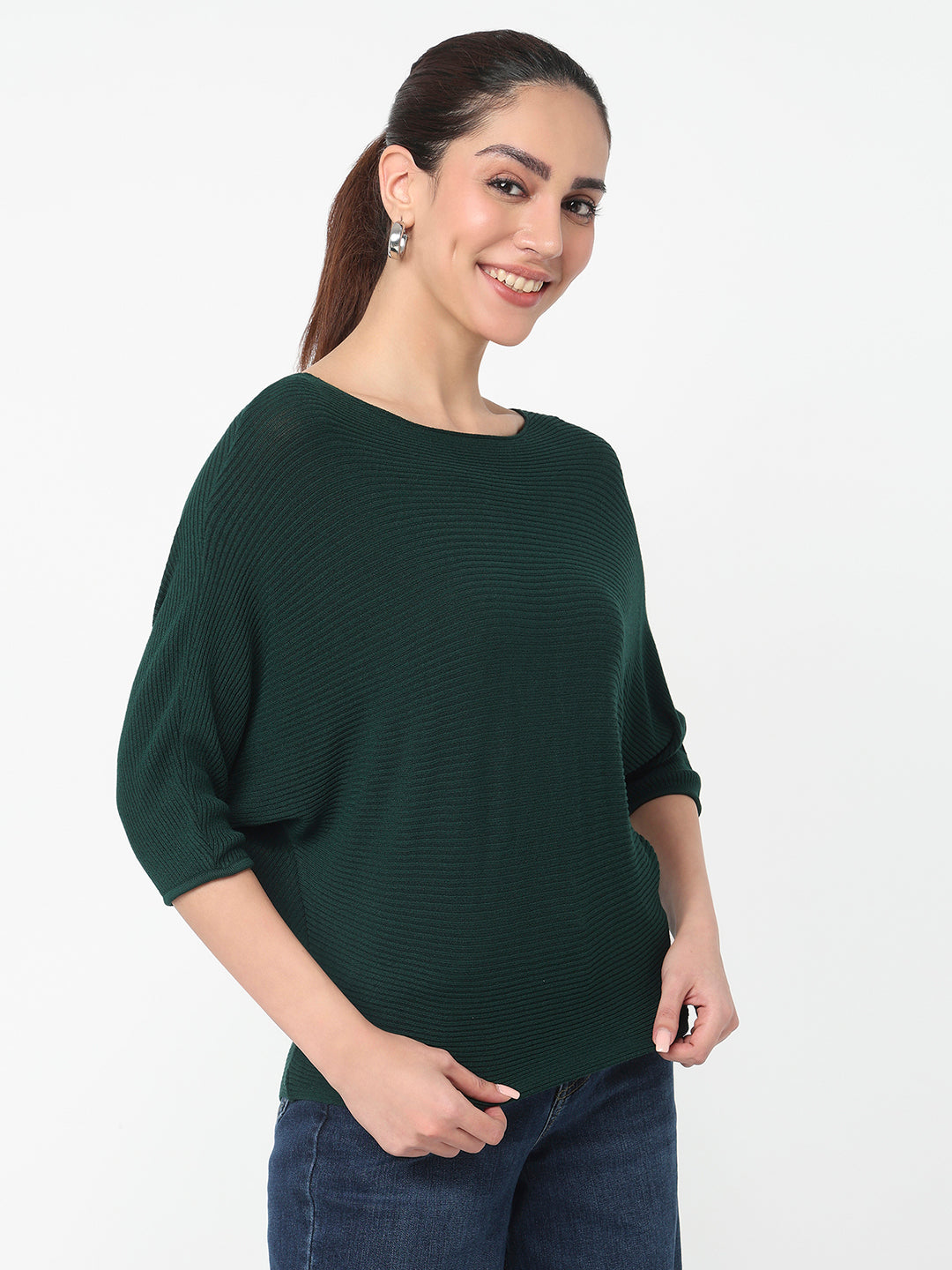 Women Bottle Green Batsleeve Top