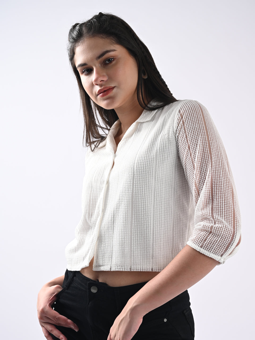 Women Self Design Three-Quarter Sleeves Off White Shirt