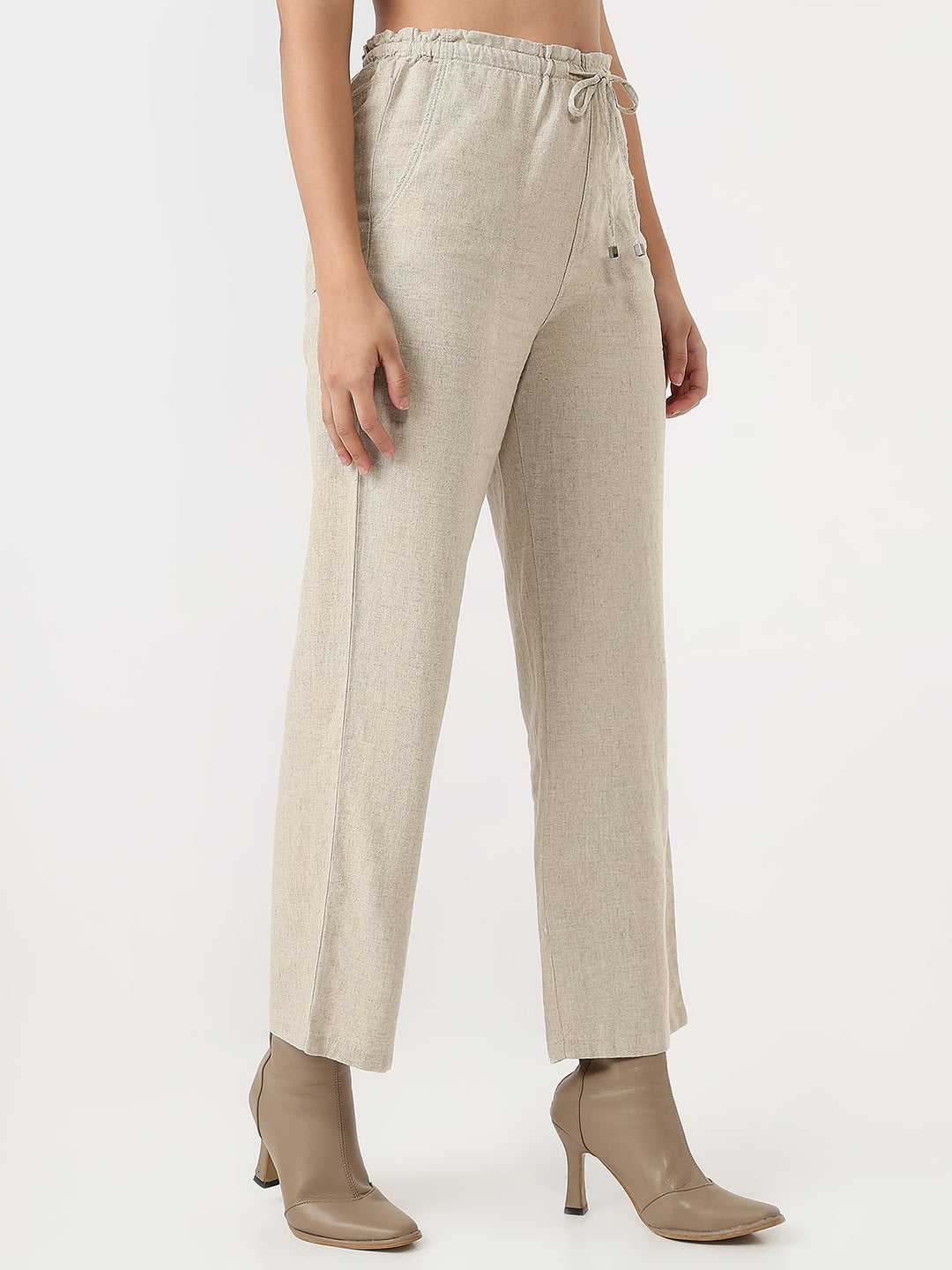 Women Dark Natural Loose Straight Paper Bag Pants