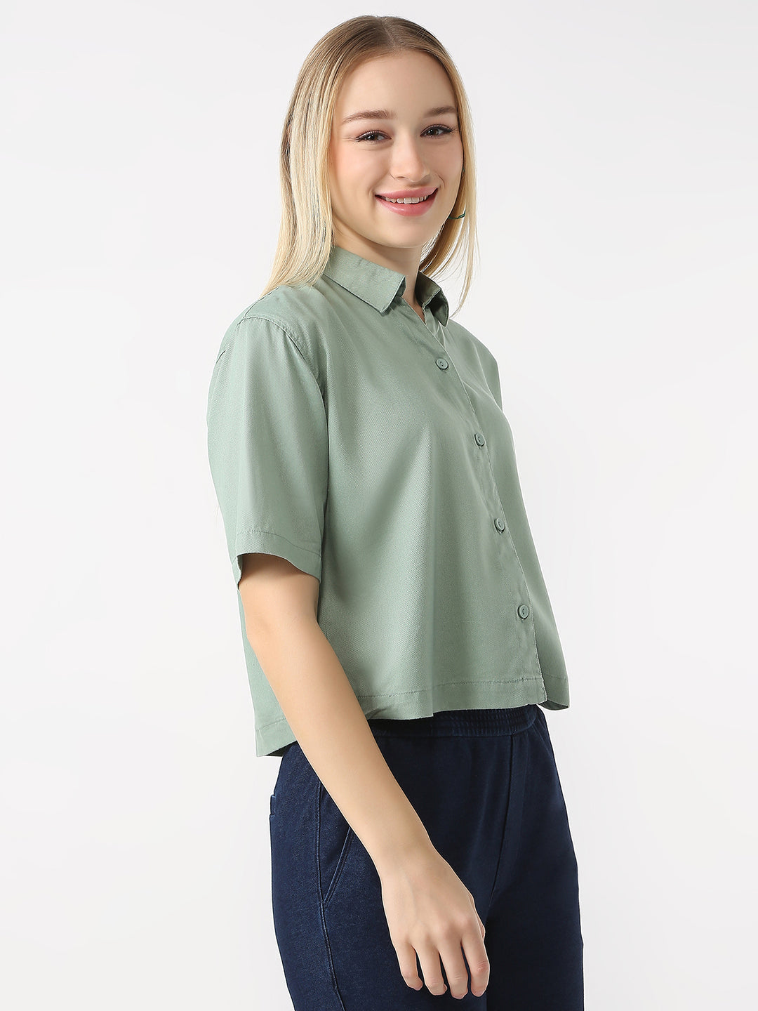 Women Mint Slim Fit Crop Shirt