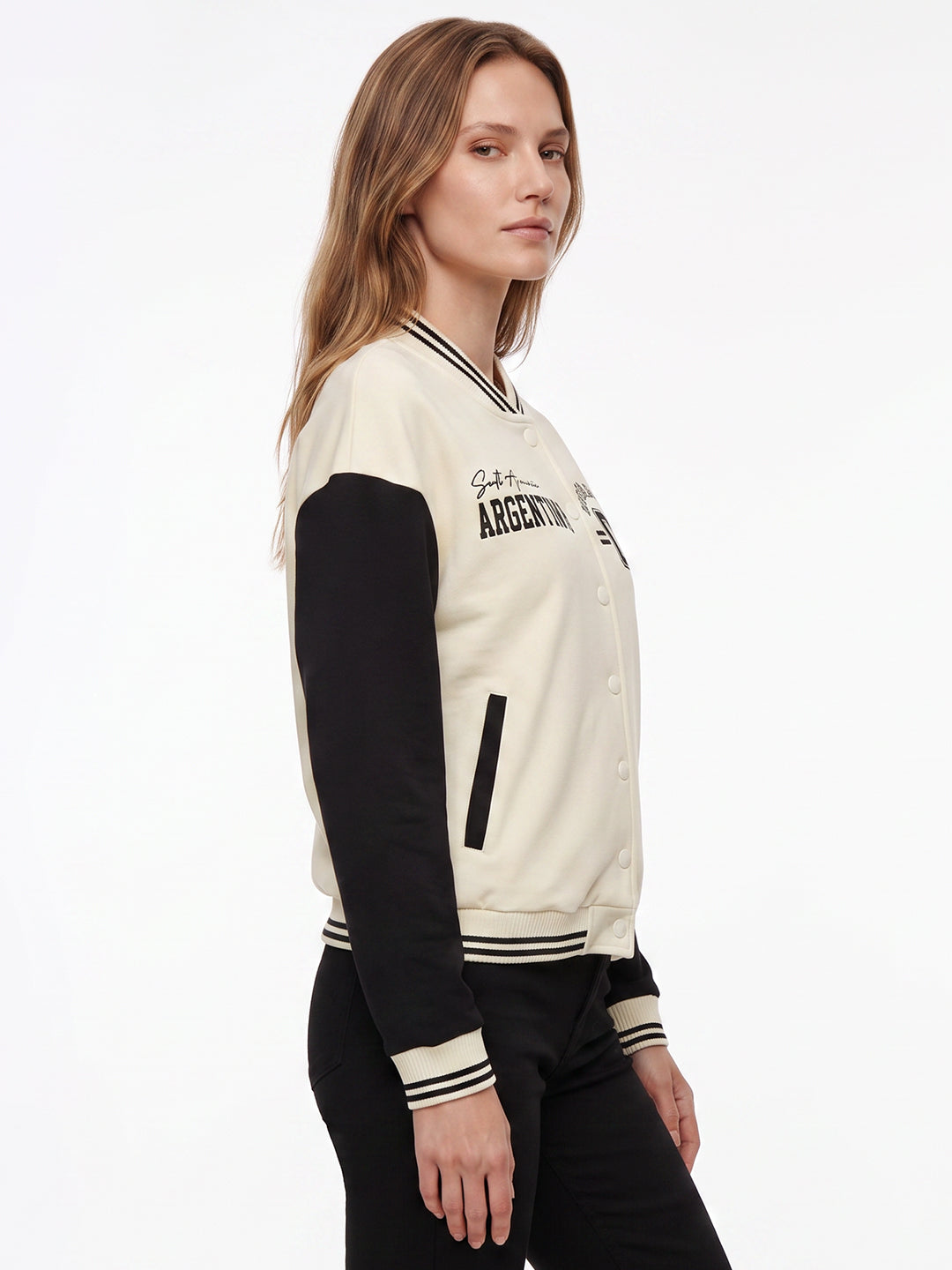 Women Ivory/Black Varsity Jacket