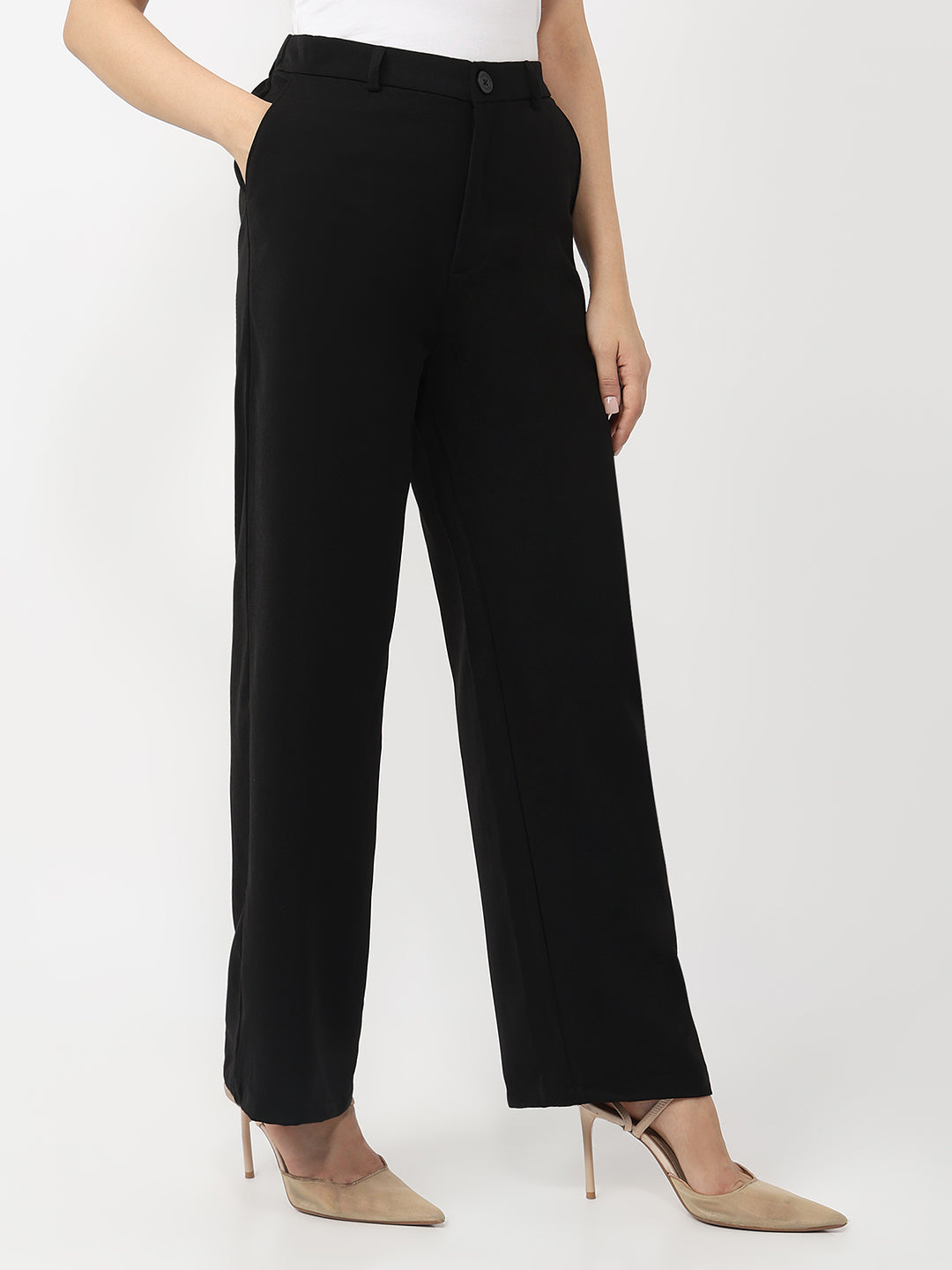 Women Black Mid-Rise Wide Leg Korean Pants