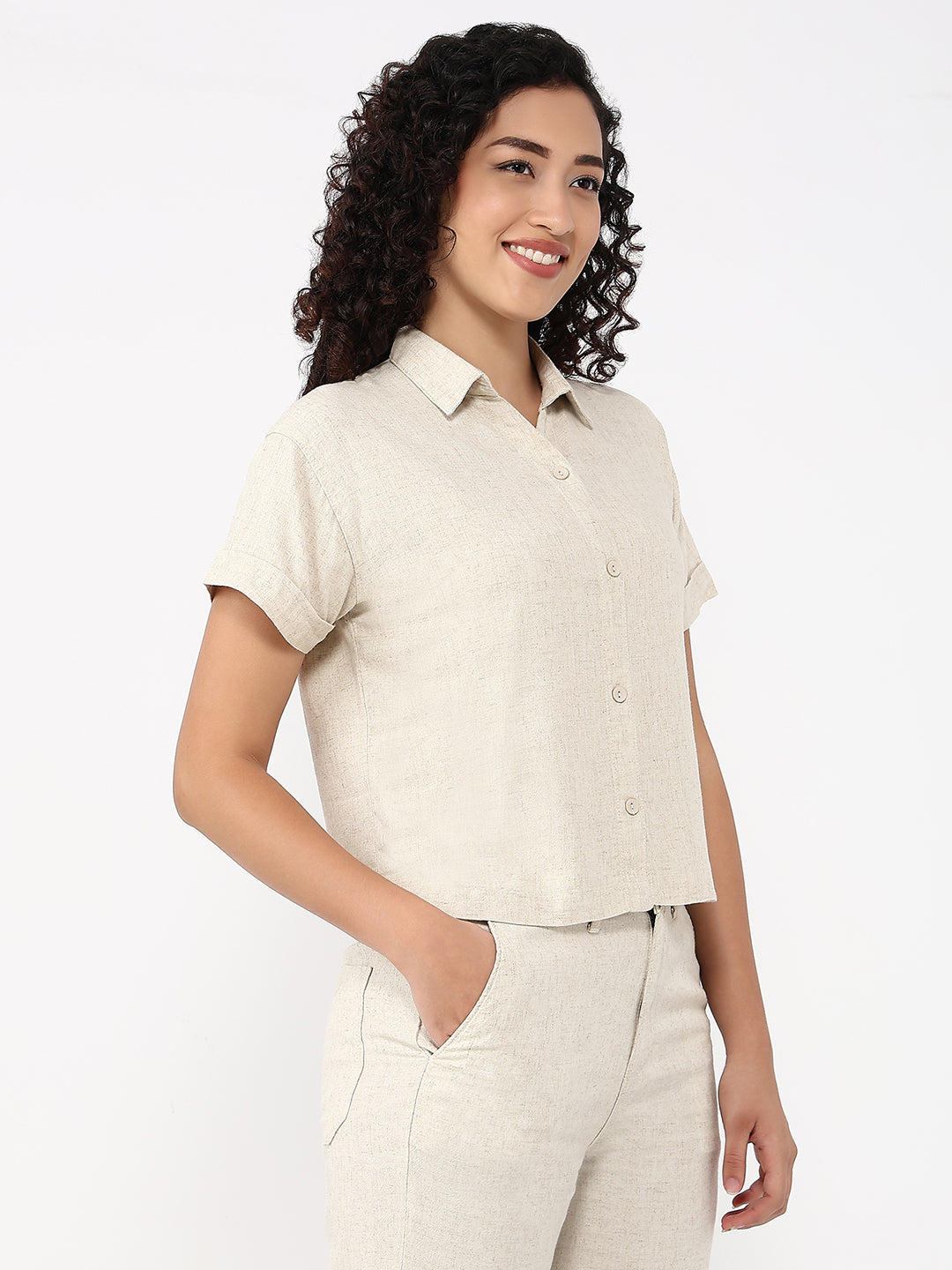 Women Light Natural Slim Fit Crop Shirt