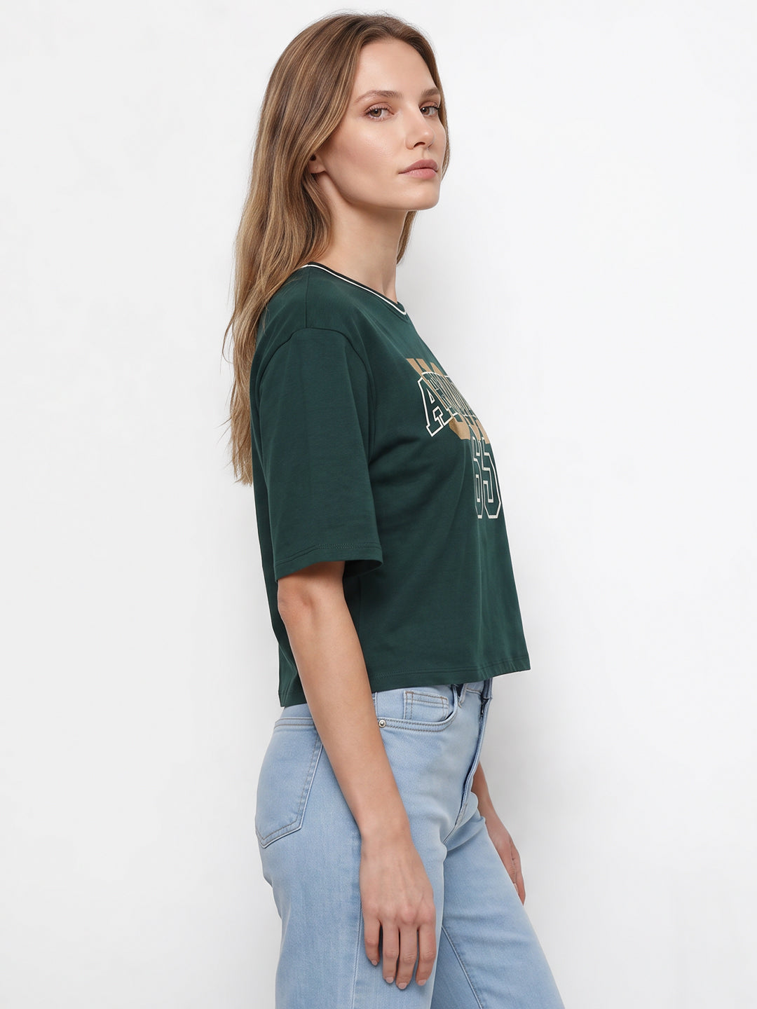 Women Bottle Green Graphic Crop Tees