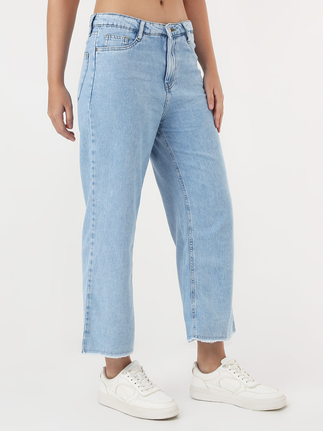 Women Medium Blue Crop Wide Leg Jeans