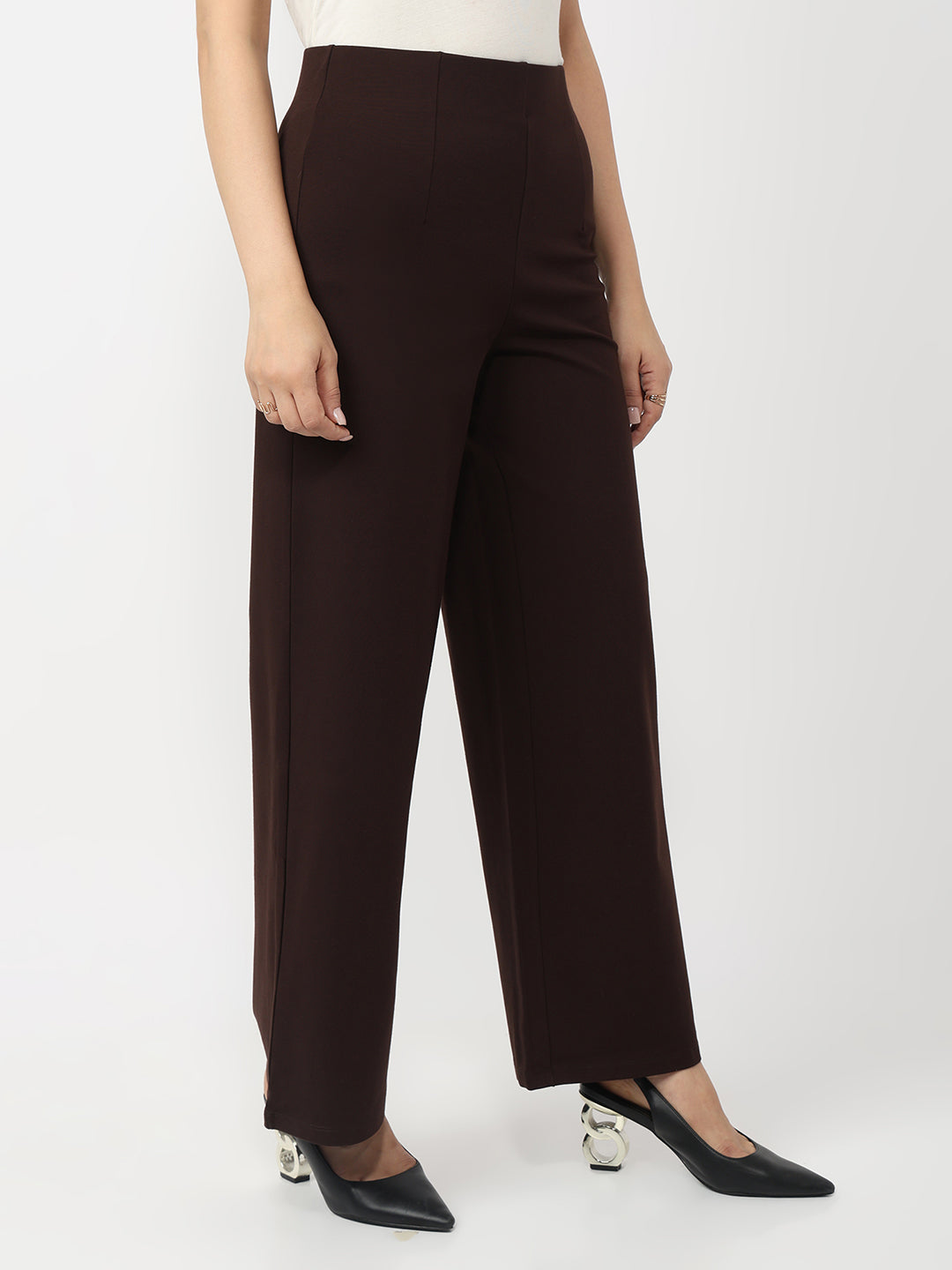 Women Sepia Mid-Rise Wide Leg Treggings