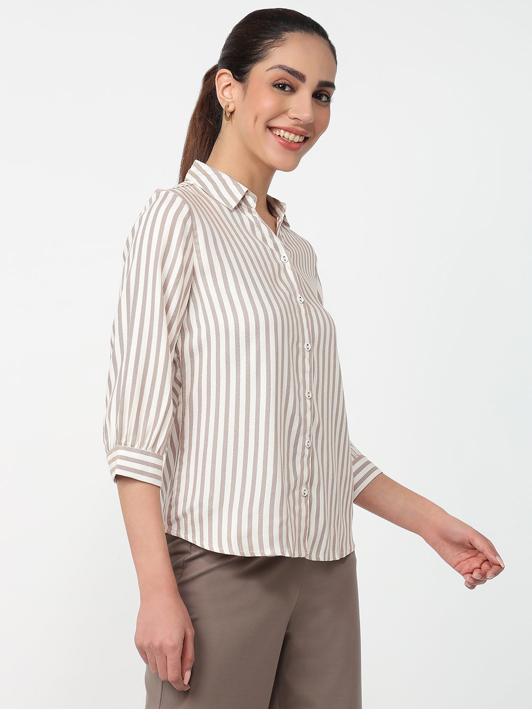 Women Beige/White Striped Shirt