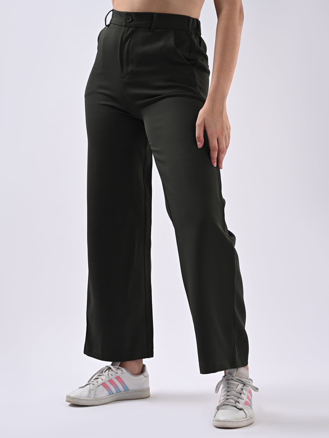 Women Olive Mid-Rise Wide Leg Trousers