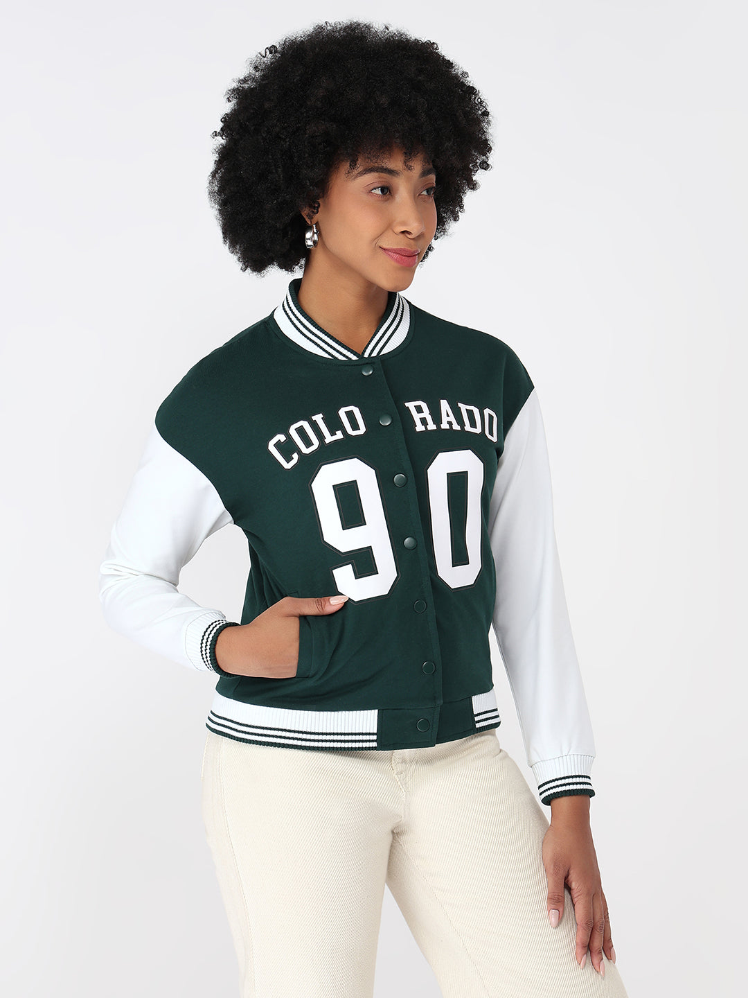 Women Bottle Green/White Varsity Jacket