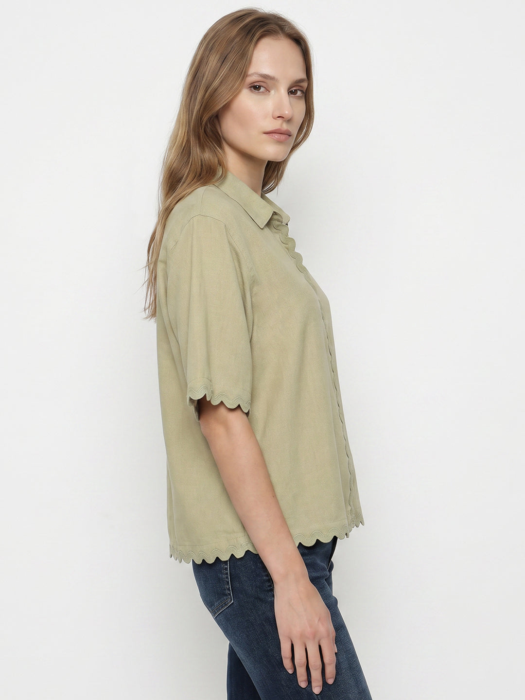 Women Light Olive Crop Shirt