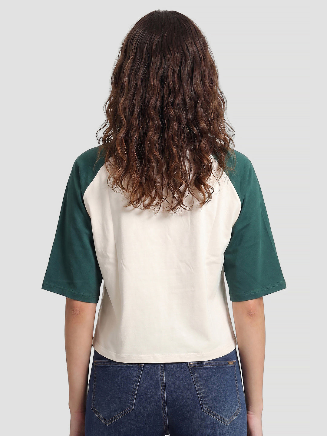 Women Ivory/Green Graphic Crop Tees