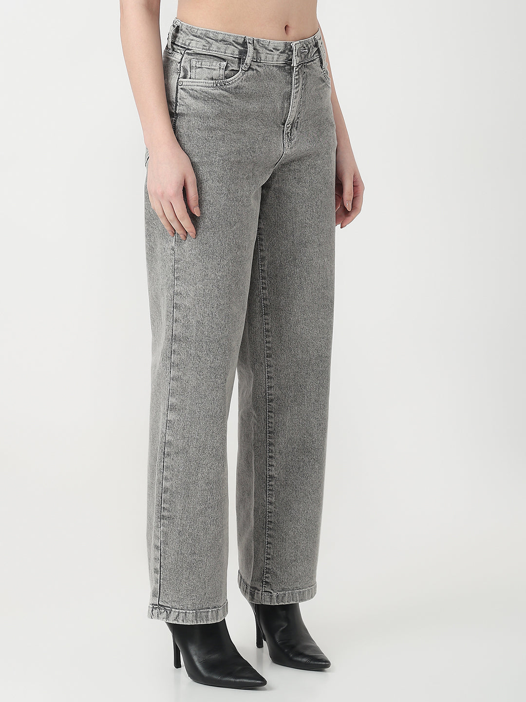 Women Light Grey High-Rise Wide Leg Jeans