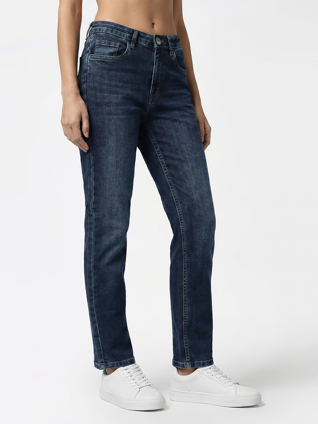 Women Blue High-Rise Slim Straight Jeans