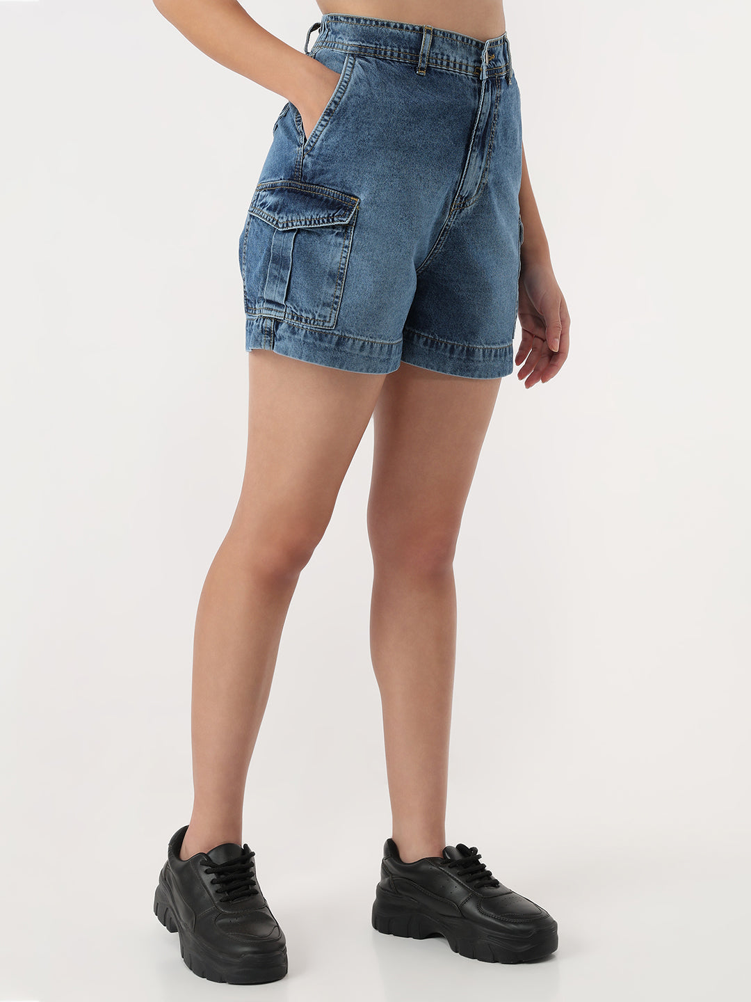 Women Blue High-Rise Cargo Shorts