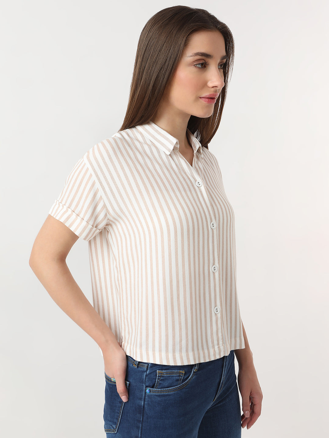 Women Beige/White Crop Stripe Shirt