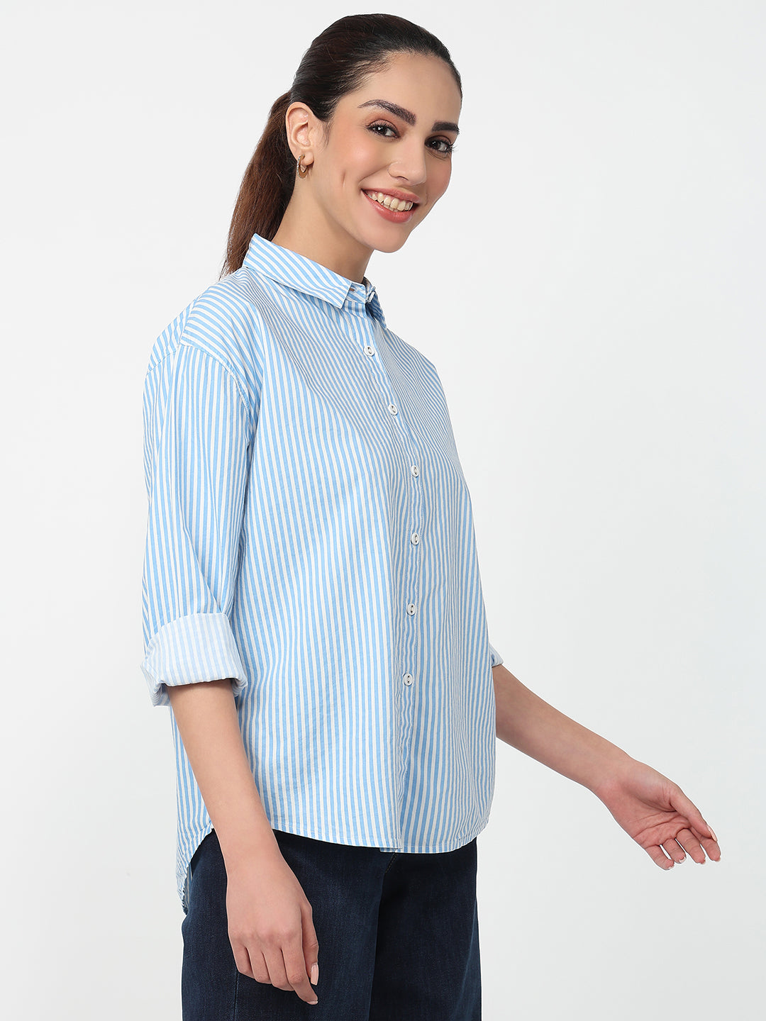 Women Sky/White Striped Oversized Shirt