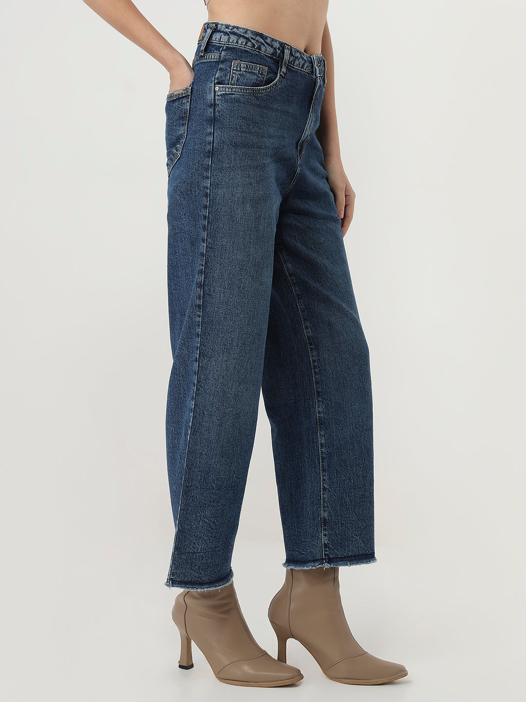 Women Blue High-Rise Crop Wide Leg Jeans