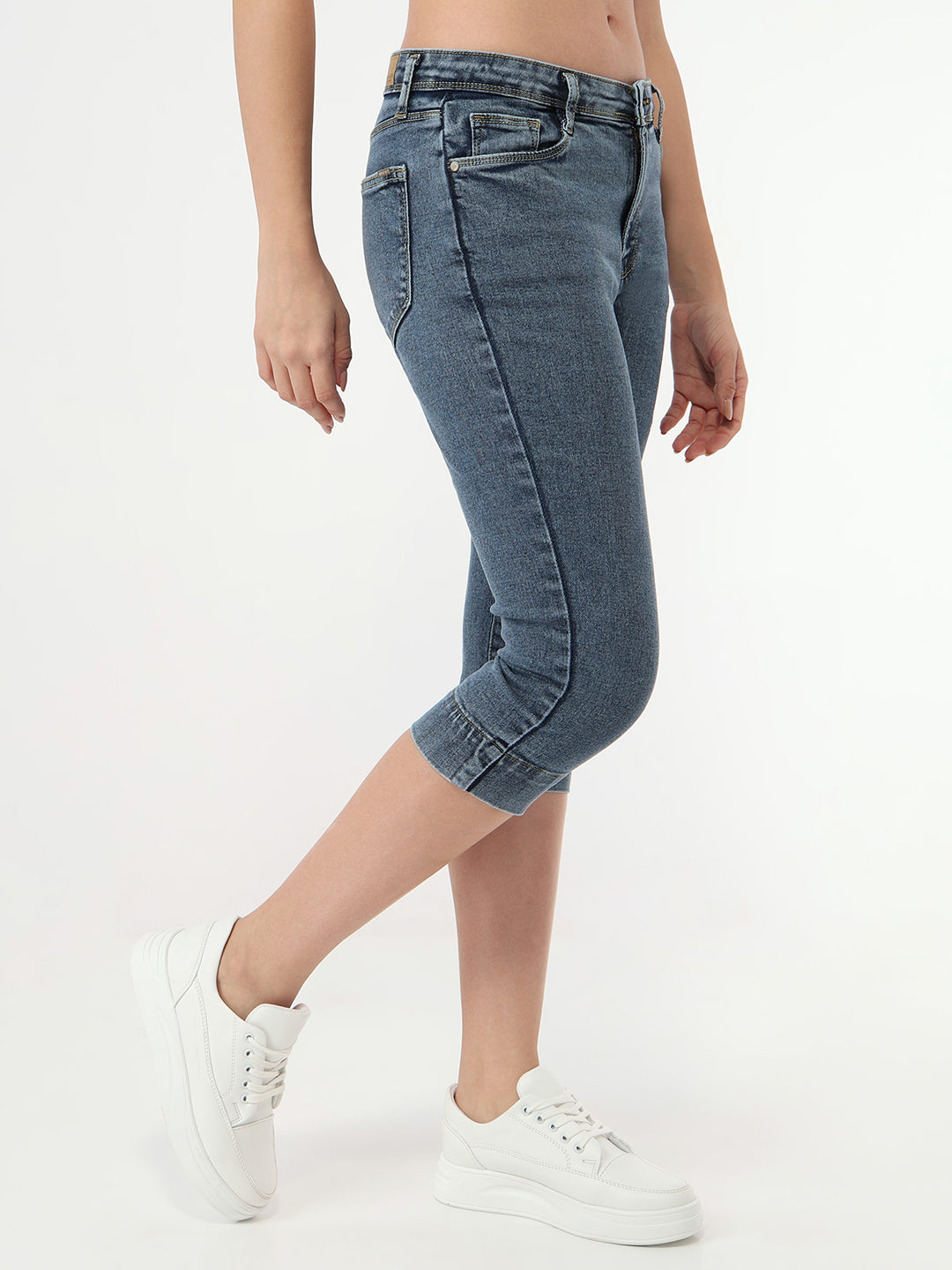 Women Light Blue High-Rise Capri