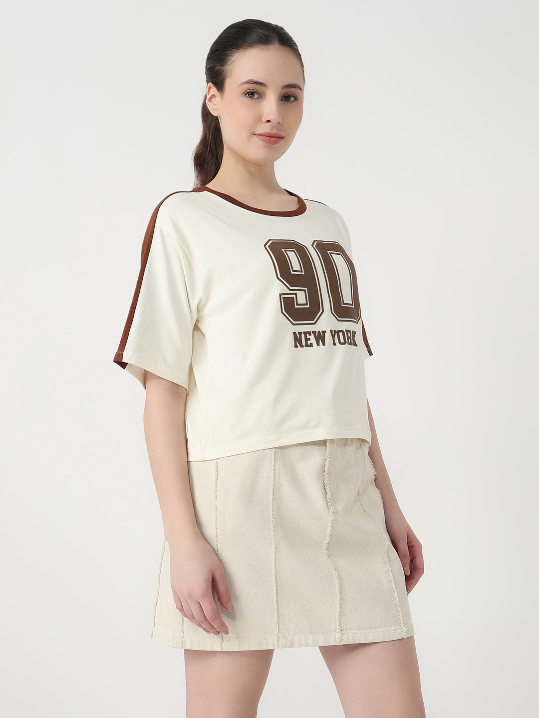 Women Ivory Slim Fit Graphic Crop T-Shirt