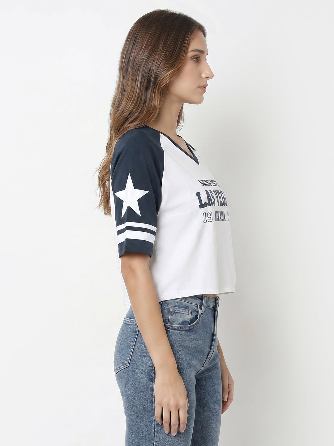 Women White/Airforce Graphic Crop Tees