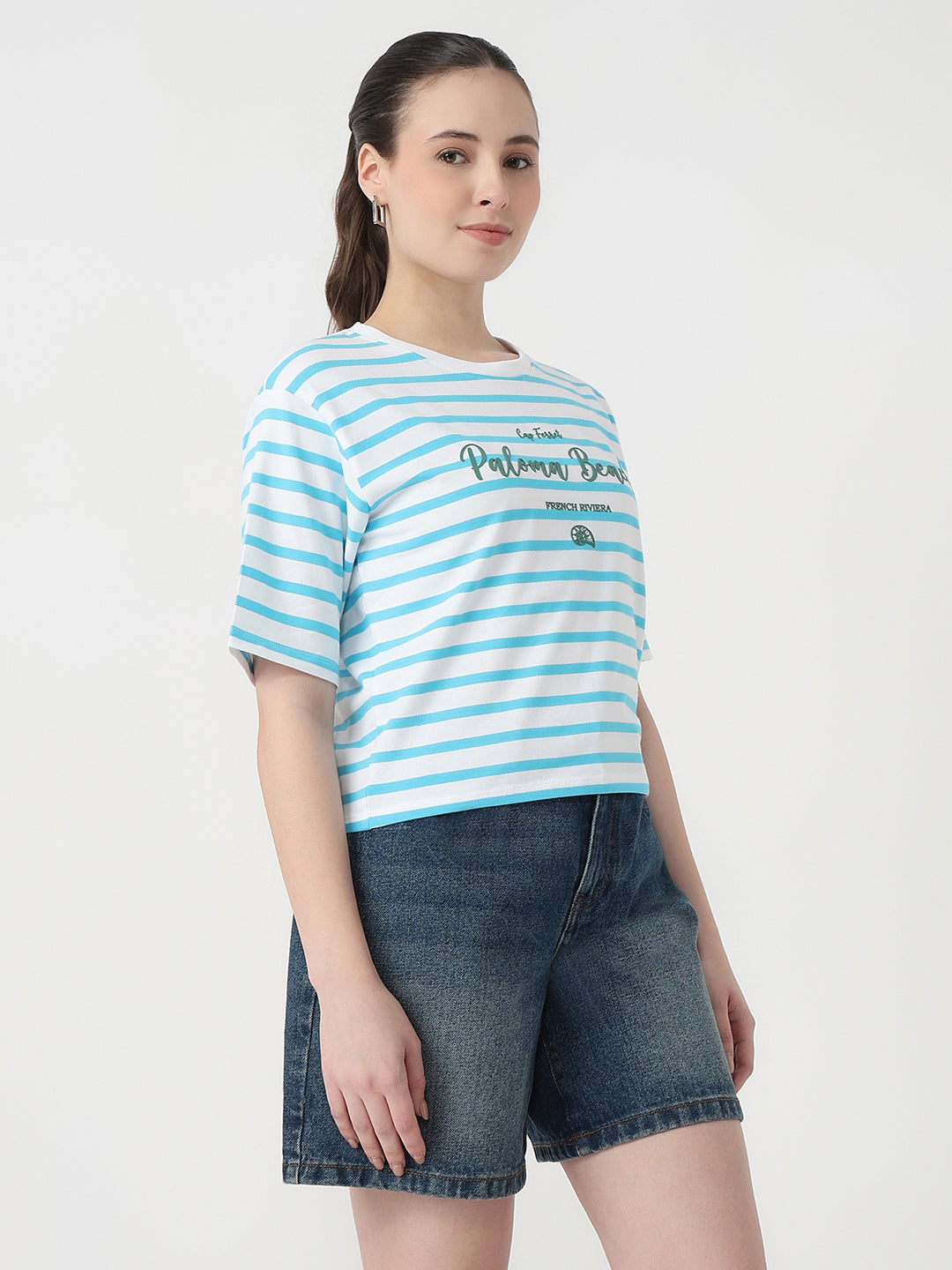 Women Sky/White Slim Fit Graphic Crop T-Shirt