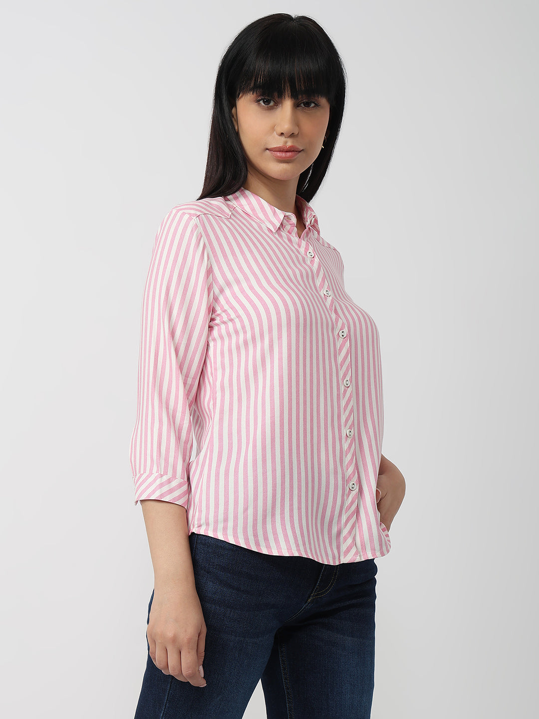 Women Pink/White Slim Fit Shirt