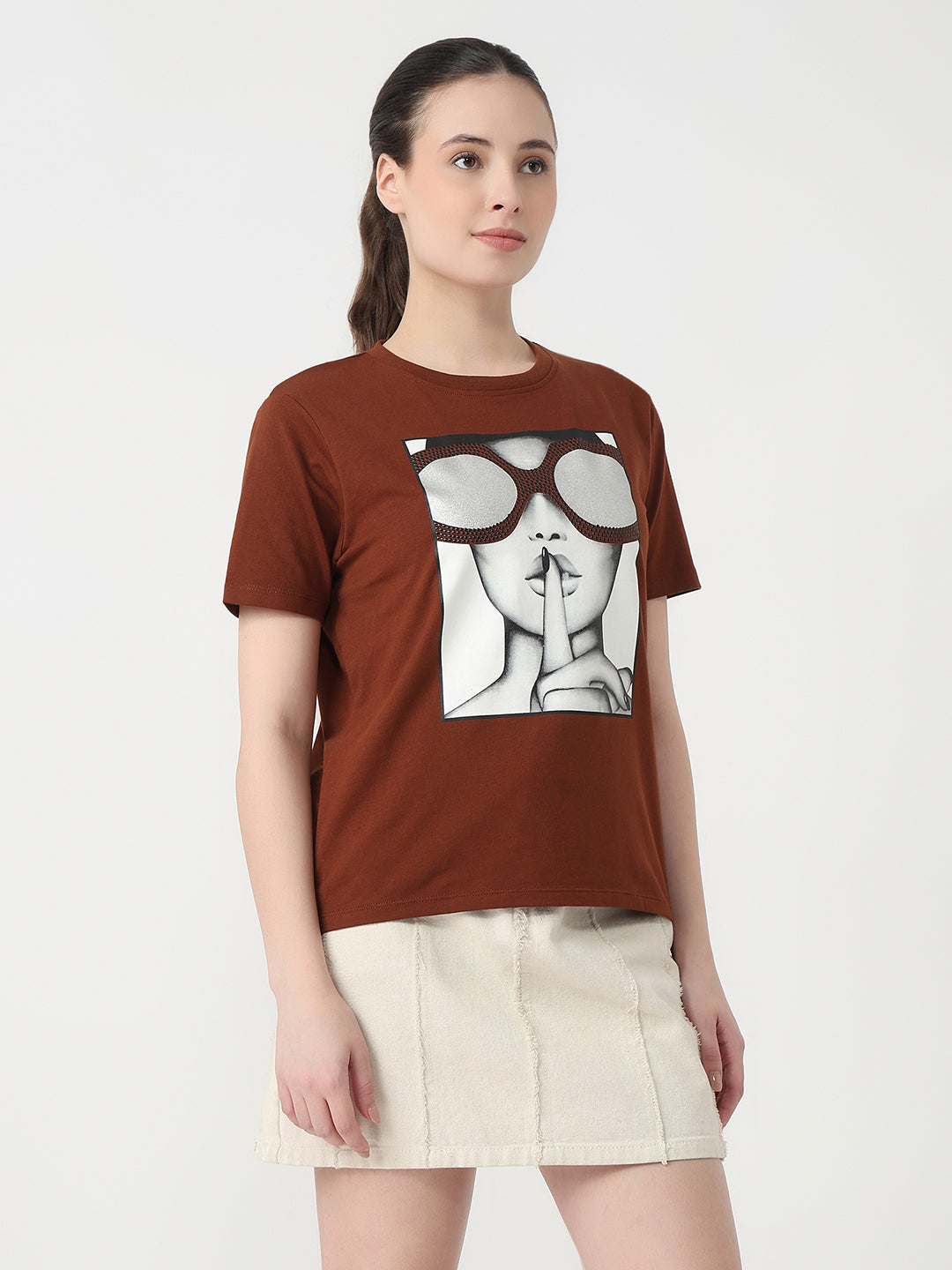 Women Sepia Slim Fit Graphic T-Shirt