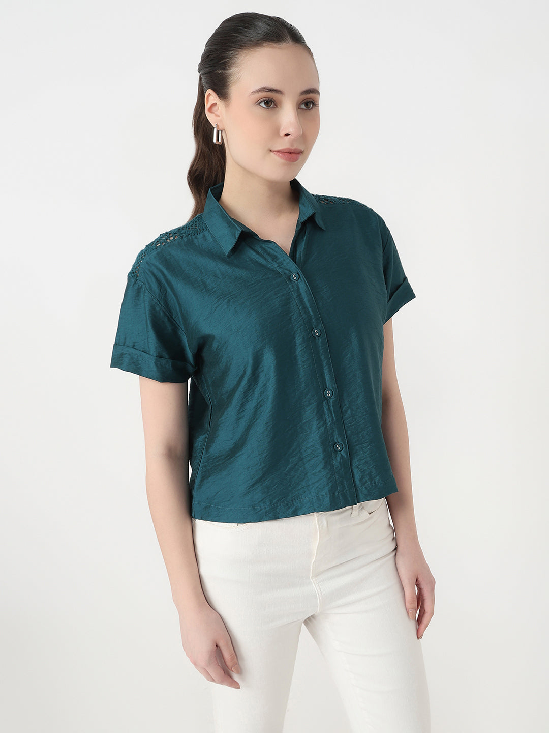 Women Deep Lake Slim Fit Crop Shirt