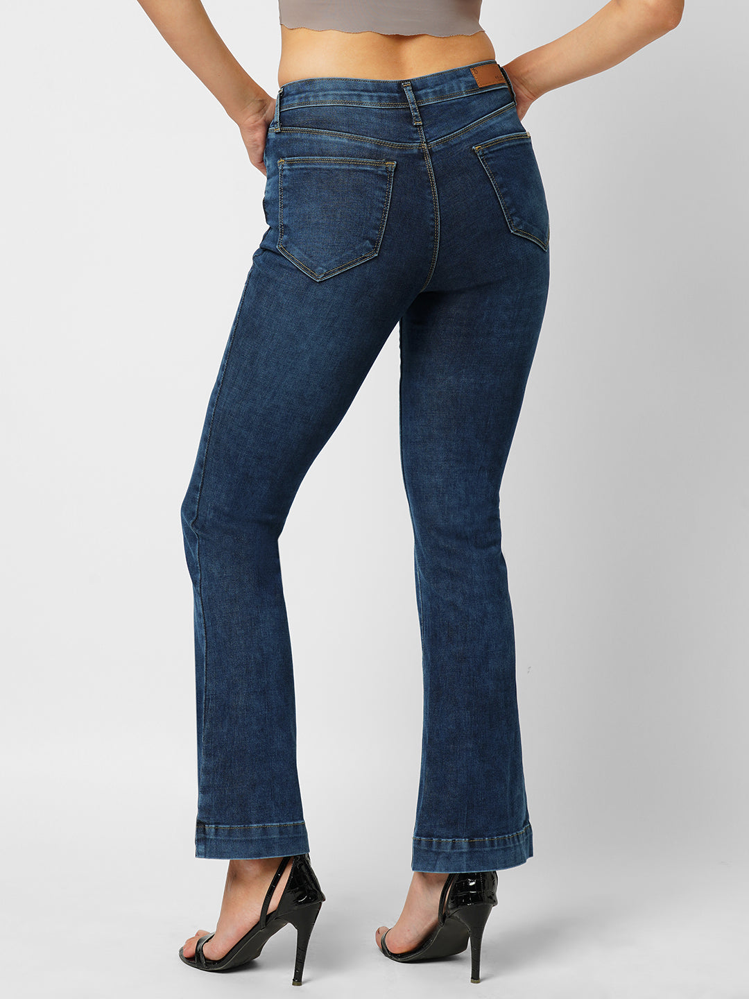 Women Dark Blue High-Rise Mini Flare Jeans