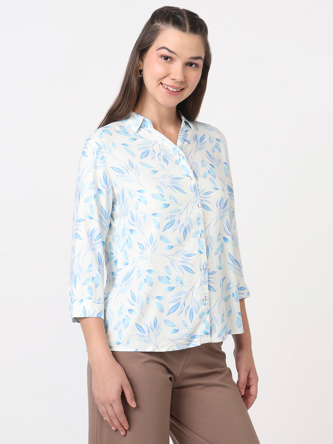 Women Blue Leaf Slim Fit Shirt