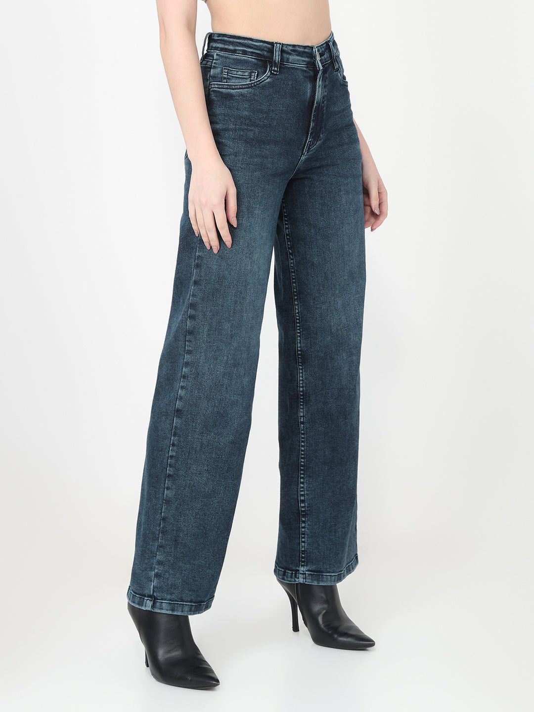 Women Slate Blue High-Rise Wide Leg Jeans