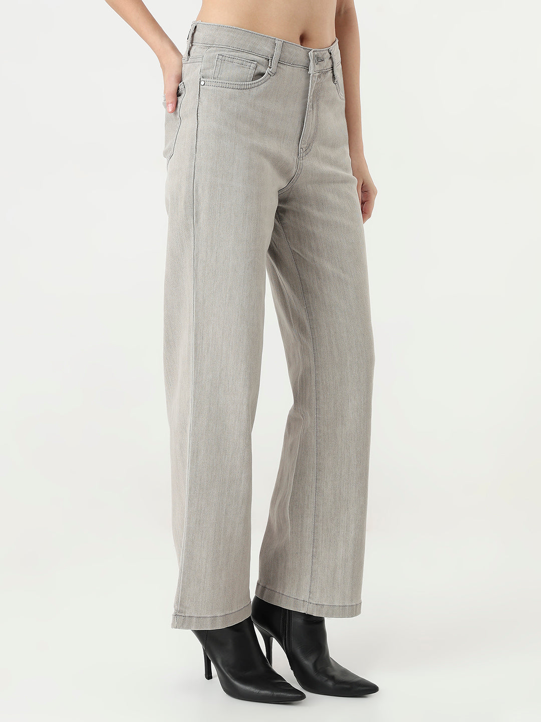 Women Grey High-Rise Wide Leg Jeans