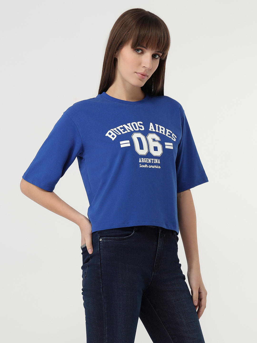 Women Electric Blue Slim Fit Graphic Crop T-Shirt