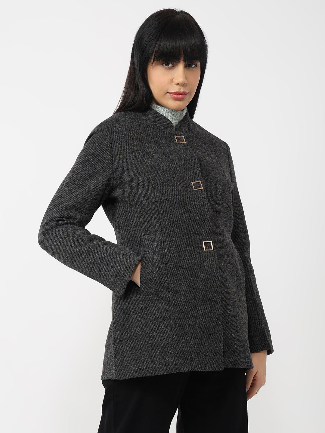 Women Charcoal Slim Fit Coat