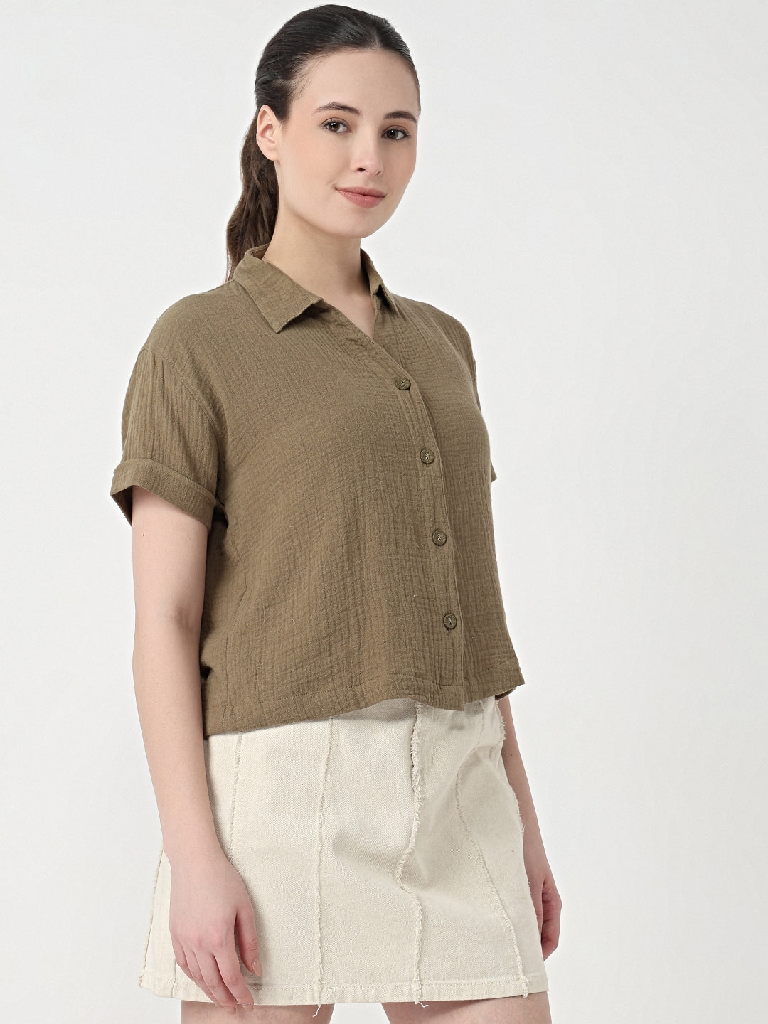 Women Olive Slim Fit Crop Shirt