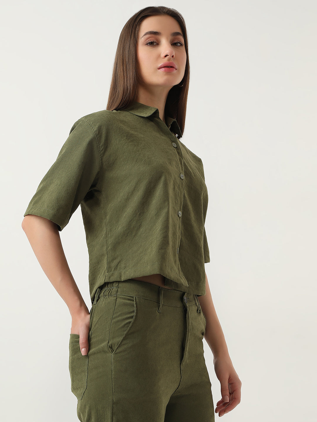 Women Olive Crop Shirt