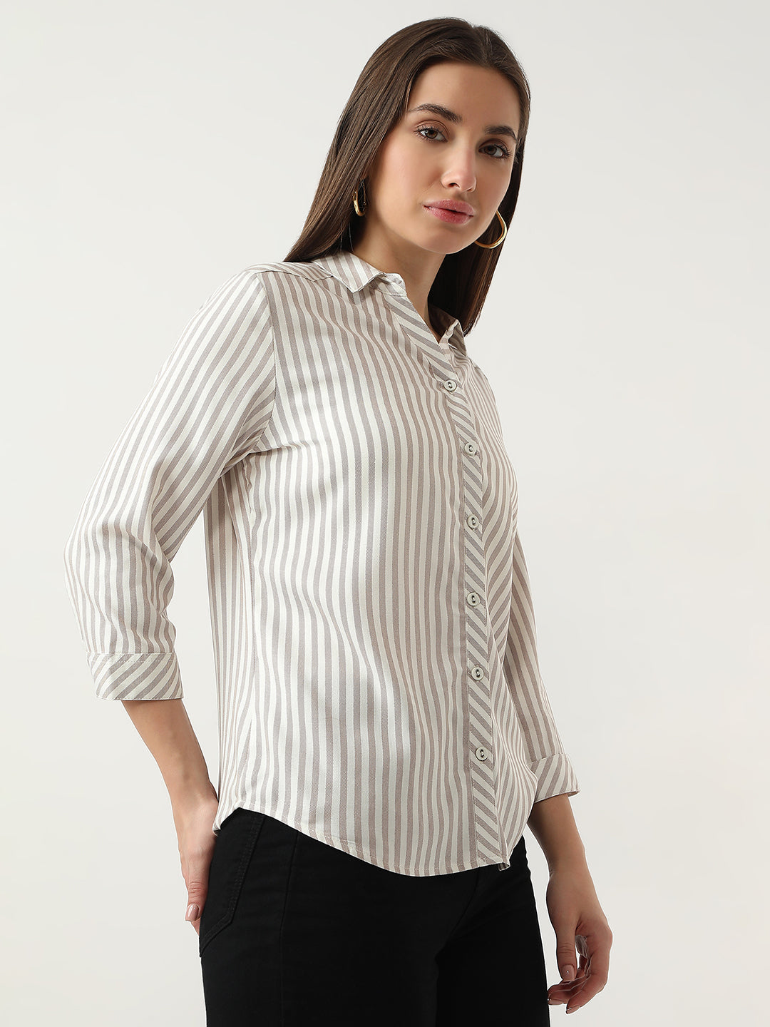 Women Brown/White Stripe Shirt