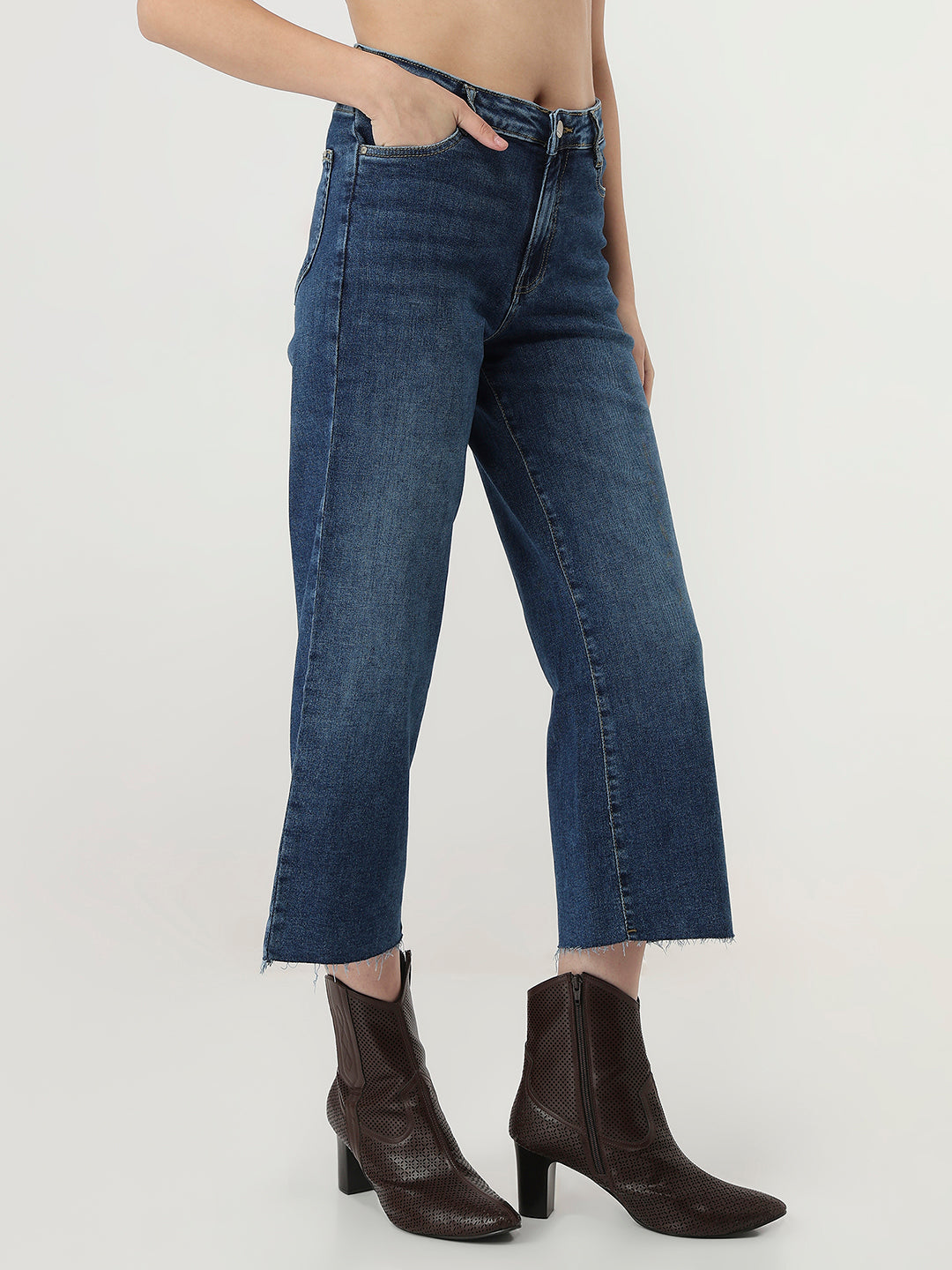 Women Blue Crop Wide Leg Jeans