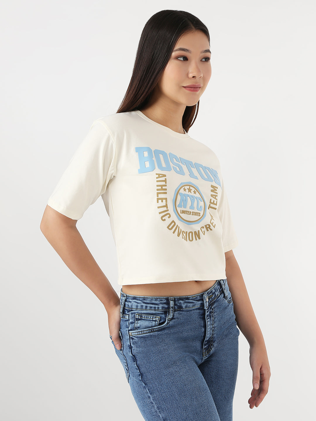 Women Ivory Slim Crop Graphic T-Shirt