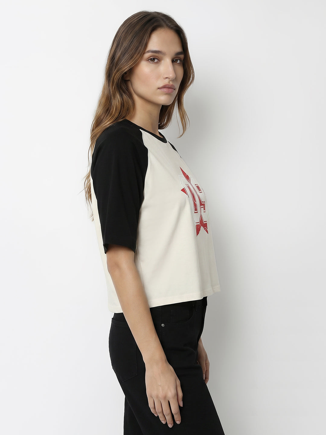 Women Ivory/Black Crop Graphic Tees