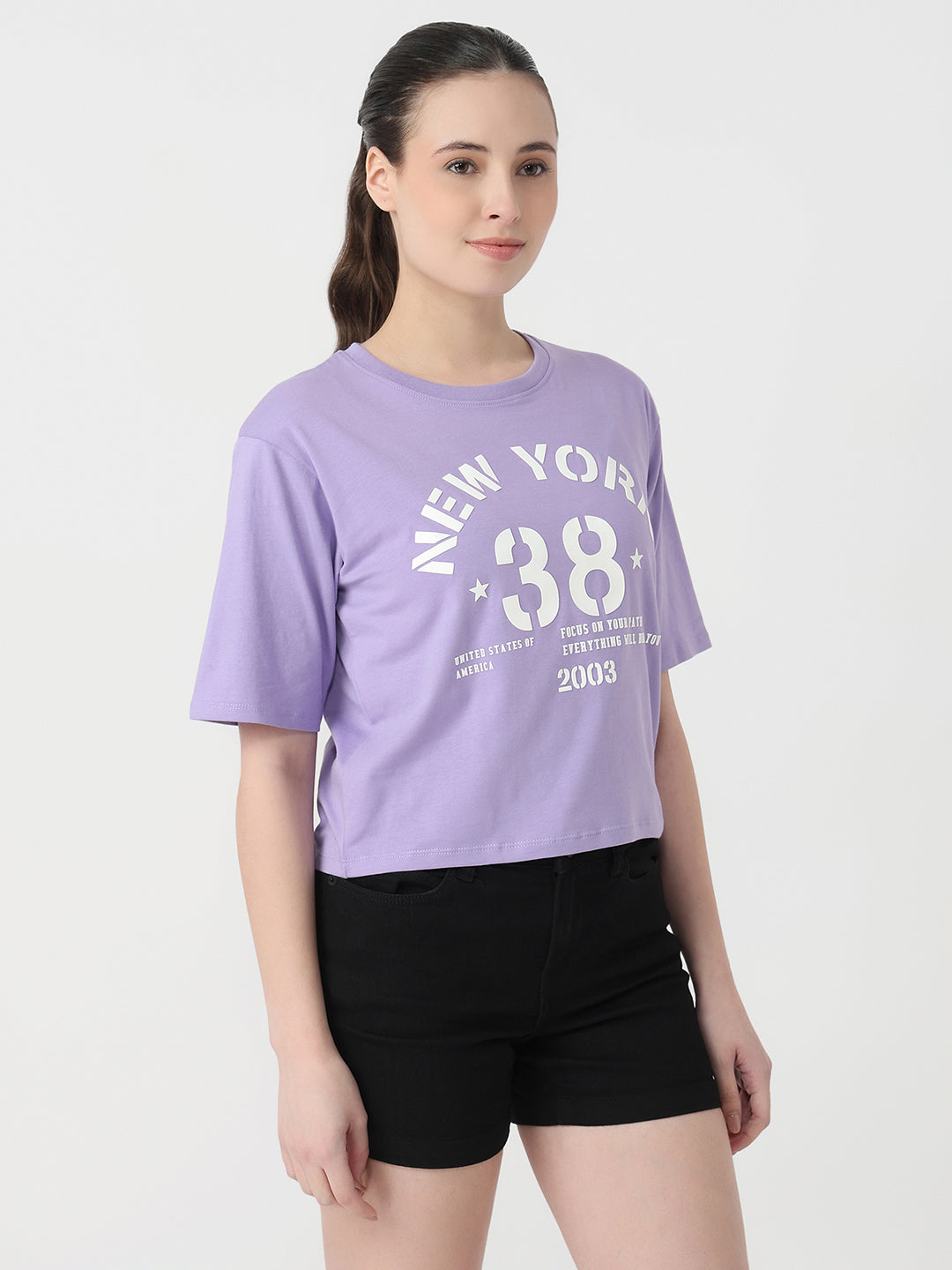 Women Lilac Slim Fit Graphic Crop T-Shirt