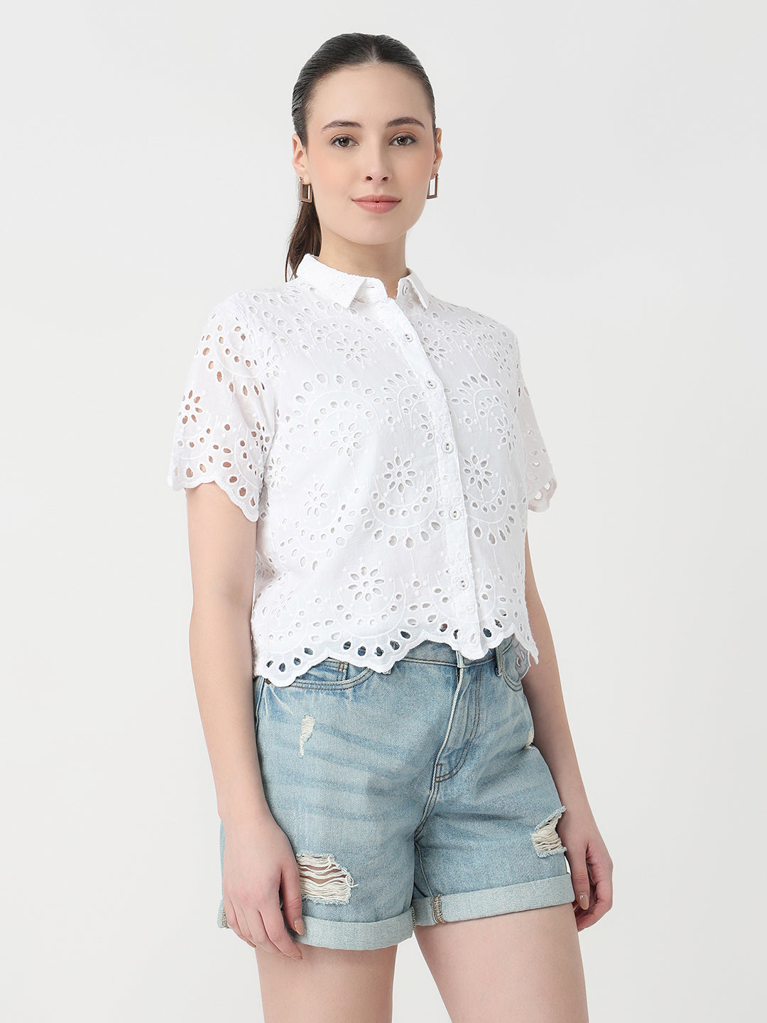 Women White Slim Fit Crop Shirt