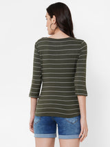 Women Olive Striped Three-Quarter Sleeves T-Shirts