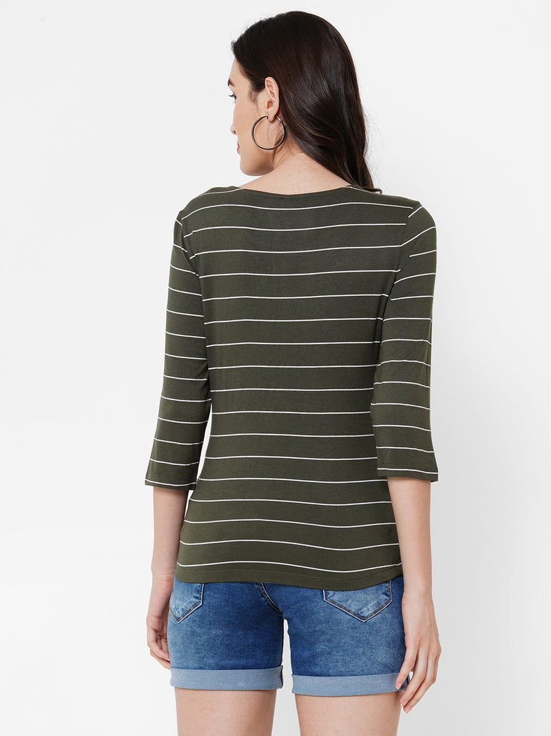 Women Olive Striped Three-Quarter Sleeves T-Shirts