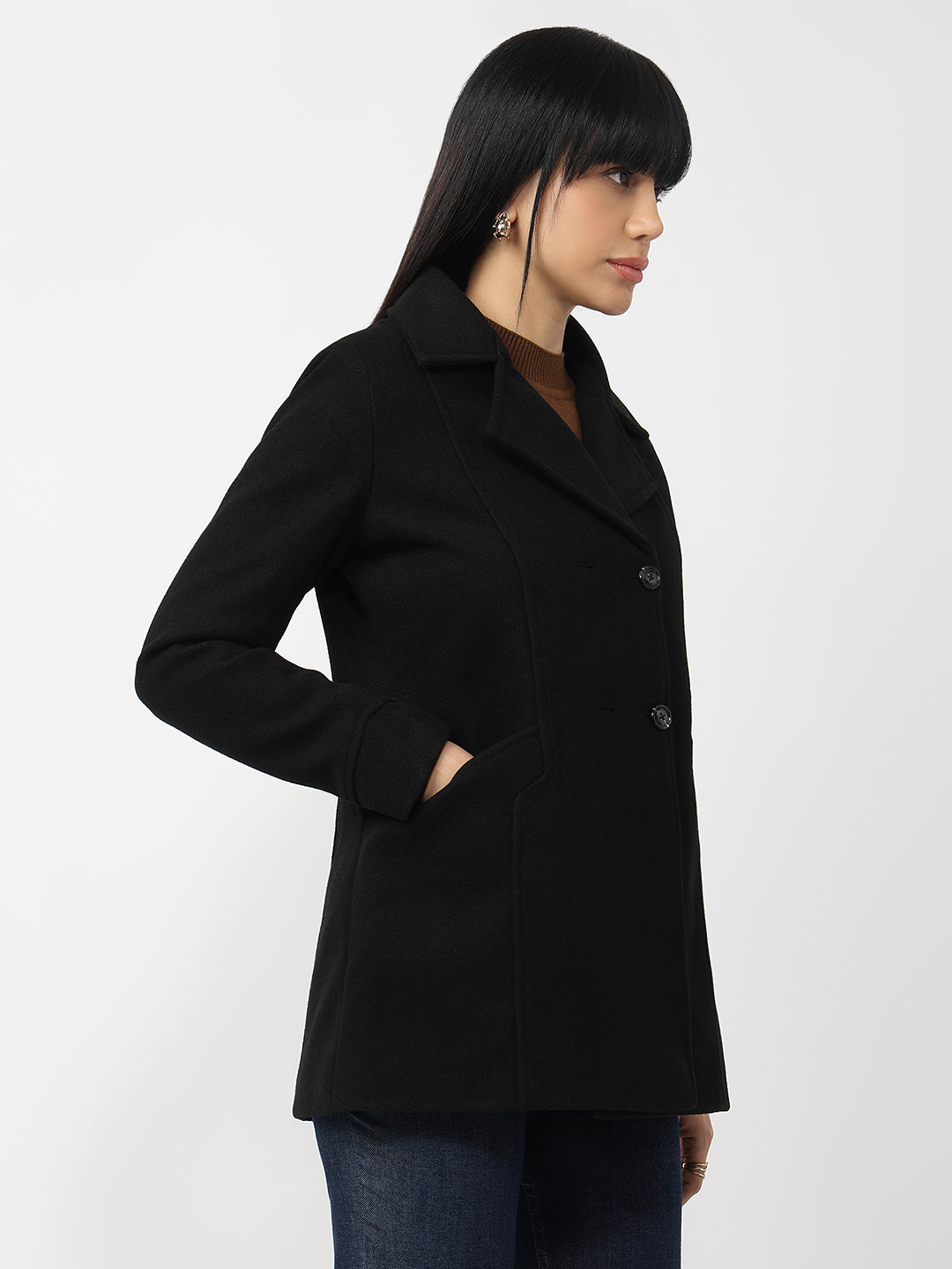Women Black Slim Fit Coat