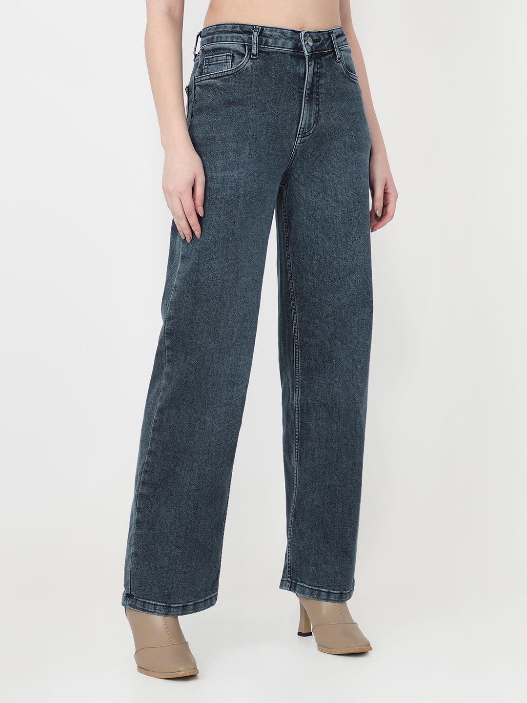 Women Slate Blue High-Rise Baggy Jeans